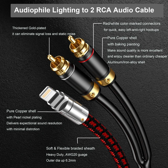 Alt view image 2 of 5 - Primeda Audiophile Lighting to 2 RCA Cable -3.2FT Audio Aux Adapter 2 Male RCA Y Splitter Aux Cord Compatible with iPhone 14 13 12 11 Pro XS XR X 8 7 for Home Theater Speaker Amplifier Car etc