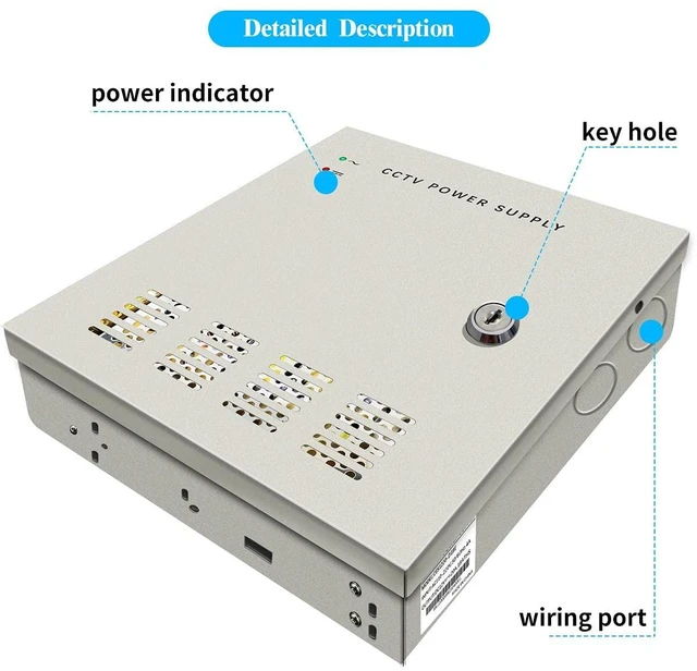 Alt view image 3 of 5 - 18 Channel 12 Volt DC Output 20A CCTV Distributed Power Supply Box for Security Camera with AC Plug and Lock for Security Cameras, DVRs, CCTV Power Supply (20A 18-Channel)