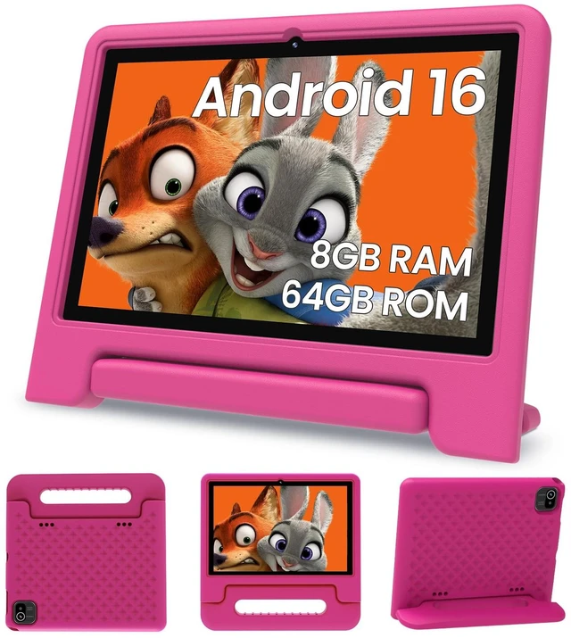 Main image of ApoloSignage 2026 Android 16 Kids Tablet, 10 Inch HD Display, 8GB RAM, 64GB ROM (Expandable to 1TB), with Kids Space, Parental Controls, Long-Lasting Battery (Pink)