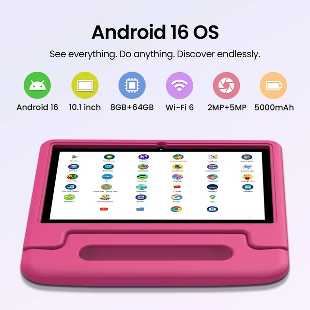 Alt view image 2 of 5 - ApoloSignage 2026 Android 16 Kids Tablet, 10 Inch HD Display, 8GB RAM, 64GB ROM (Expandable to 1TB), with Kids Space, Parental Controls, Long-Lasting Battery (Pink)
