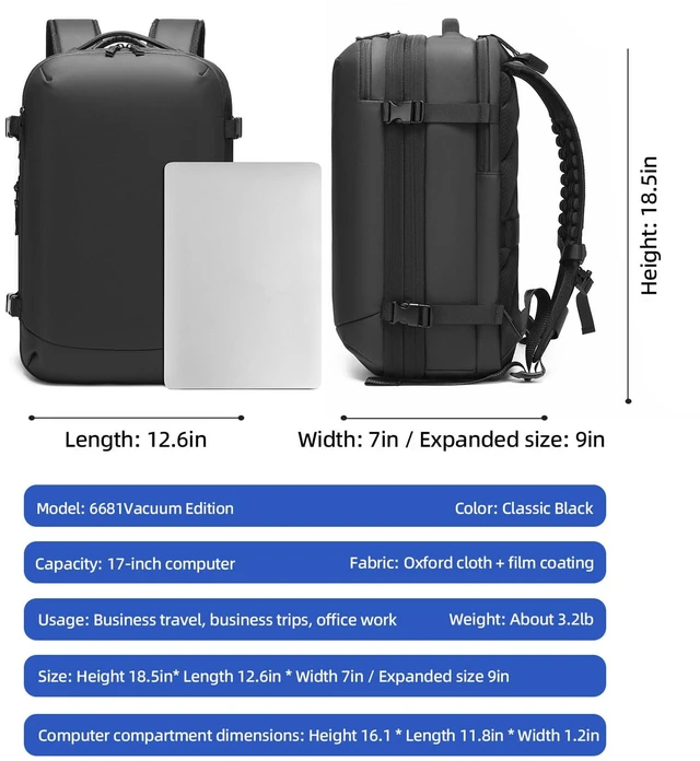 Alt view image 2 of 5 - GYakeog Expandable Business Travel Backpack with Laptop Compartment, Vacuum sealed travel backpack 64L for Business Trip/Commute (6681-ZKB-BLACK)