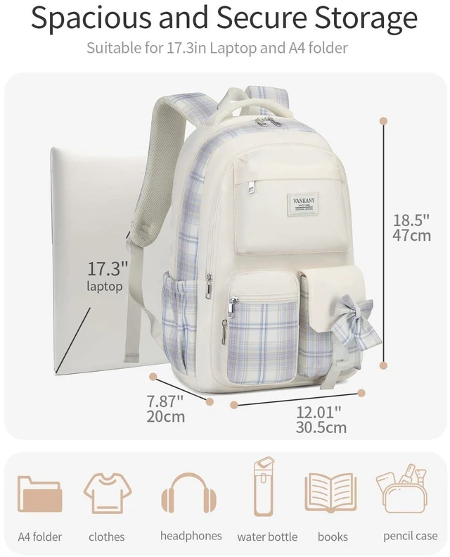 Alt view image 4 of 5 - VANKANY Schoolbag for Teen Girls, Cute Book Bag Backpack with 17.3in Laptop Compartment for Big Student Women College Mochilas Escolares para Ninas (Beige)