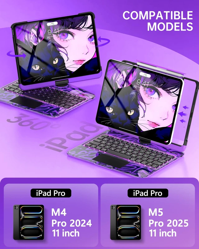 Alt view image 2 of 5 - Intermerge Clear Keyboard Case for iPad Pro 11"(M5,2025/ M4,2024), 360 Swivel Multi-Touch Trackpad, 7-Color RGB Backlit, Pencil Holder, Type-C, Power Indicator, Neon Pulse