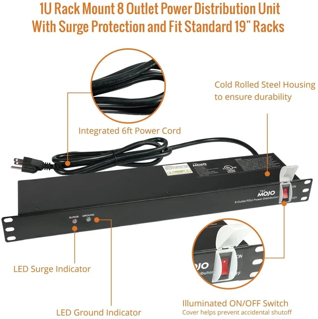 Alt view image 4 of 5 - Tecmojo 1U Rack-Mount Horizontal 8-Outlet PDU, UL Listed PDU with Surge Protection 6ft Cord Power Distribution for IT and Network Server Racks(SKU# 13110802)