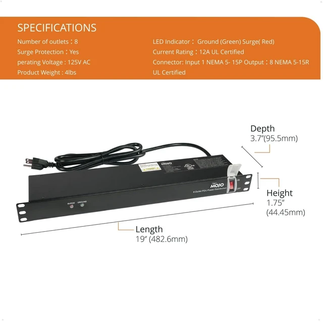 Alt view image 2 of 5 - Tecmojo 1U Rack-Mount Horizontal 8-Outlet PDU, UL Listed PDU with Surge Protection 6ft Cord Power Distribution for IT and Network Server Racks(SKU# 13110802)