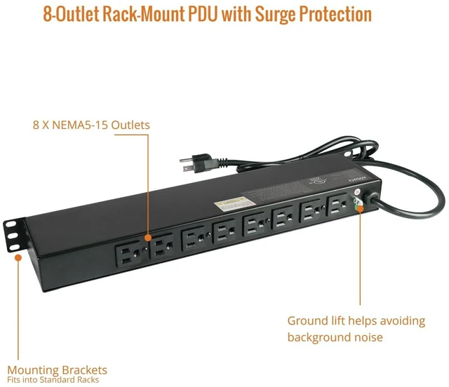 Alt view image 5 of 5 - Tecmojo 1U Rack-Mount Horizontal 8-Outlet PDU, UL Listed PDU with Surge Protection 6ft Cord Power Distribution for IT and Network Server Racks(SKU# 13110802)