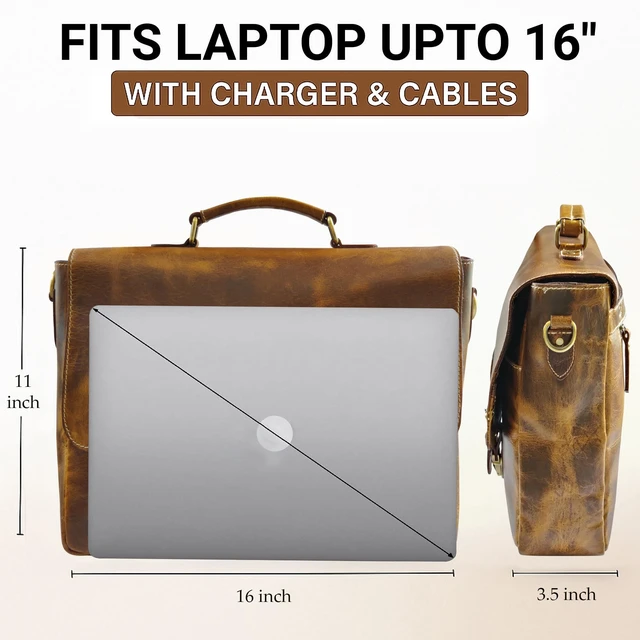 Alt view image 2 of 5 - 16" Leather Messenger Bag for Men - Full Grain Briefcase Computer Satchel