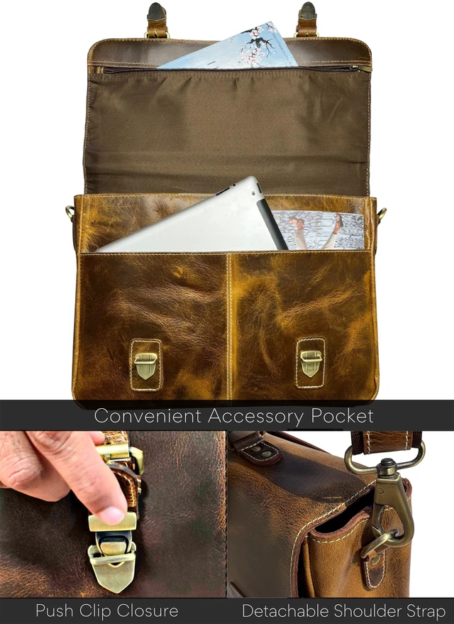 Alt view image 3 of 5 - 16" Leather Messenger Bag for Men - Full Grain Briefcase Computer Satchel