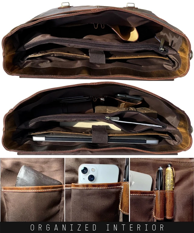 Alt view image 4 of 5 - 16" Leather Messenger Bag for Men - Full Grain Briefcase Computer Satchel