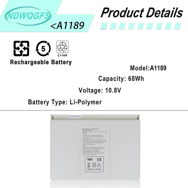 Alt view image 2 of 5 - NDWQGFS New A1189 Laptop Battery for Apple MacBook Pro 17-inch Series A1151 A1212 A1261 A1229 MA458 MA458/A MA458G/A MA458J/A MA092 MA611 MB166B (Small, Silver) 1