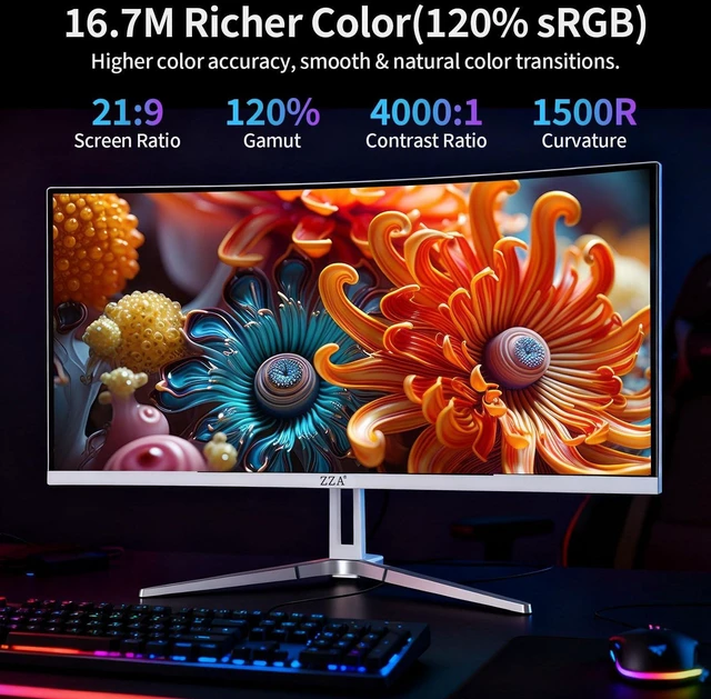 Alt view image 3 of 5 - ZZA 34'' Gaming Monitor-165Hz/180Hz WQHD (3440x1440P) Ultrawide 34 White Curved Monitor,FreeSync for Tear-Free Gaming,120% sRGB, HDMI 2.1 & DP 1.4,PBP Mode,Wall Mountable