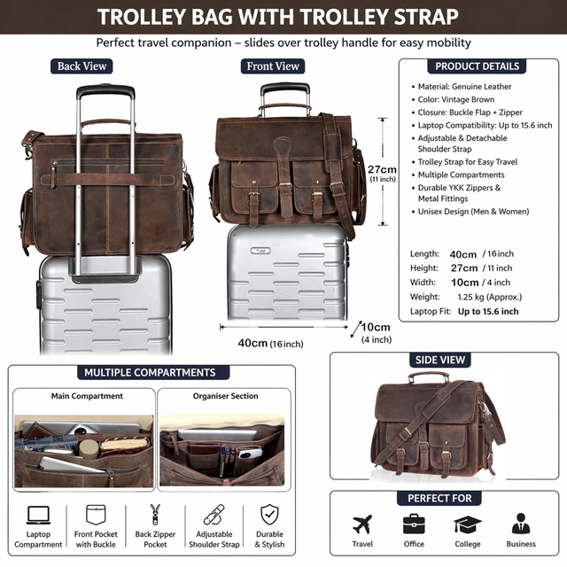 Alt view image 4 of 5 - cuero Leather Messenger Bag for Men, 16 Inch Laptop Crossbody, Vintage Handmade Leather Shoulder Satchel Bag for Men, Full Grain Business Briefcase for Office/Work/Travel - Dusky Brown