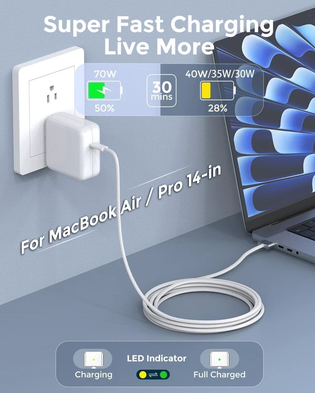 Alt view image 2 of 5 - Charger for MacBook Air 13.6 15 inch Mac Book Pro 14 inch M5 M4 M3 M2 M1 2026 2025 2024 2023 2022 2021, 70W Power Adapter, 6.6FT USB C to Magnetic 3 Cable LED, Powerful Connect, Original Quality
