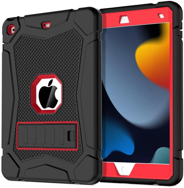 Main image of AVAWO Case for iPad 9th/8th/7th Generation(10.2 inch, 2021/2020/2019), Heavy Duty Military Grade Shockproof Protective Cover with Built-in Stand/Pencil Holder for i Pad 9/8/7 Gen, Black and Red