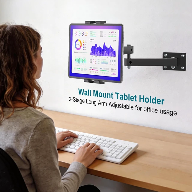 Alt view image 2 of 5 - Mippko Foldable Wall Mount iPad Holder Tablet Mount Stand,360 Adjustable Tablet Holder,2-Stage Extendable Articulating Aluminum Alloy Arm,Compatible with 4.7~12.9" iPad/Nexus/e-Reader/Switch/iPhone