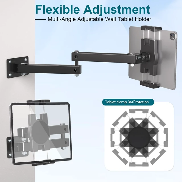 Alt view image 3 of 5 - Mippko Foldable Wall Mount iPad Holder Tablet Mount Stand,360 Adjustable Tablet Holder,2-Stage Extendable Articulating Aluminum Alloy Arm,Compatible with 4.7~12.9" iPad/Nexus/e-Reader/Switch/iPhone