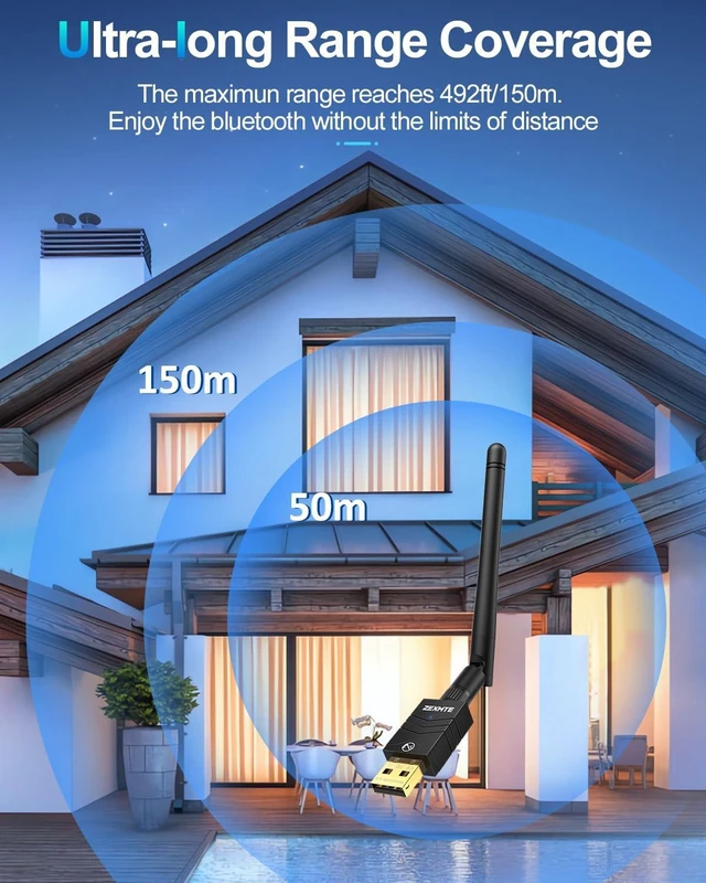 Alt view image 3 of 5 - ZEXMTE 6.0 USB Bluetooth Adapter for PC, Long Range Connection with High Gain Antenna, Wireless Bluetooth Receiver 492FT / 150M, Plug &Play for Windows 11/10/8.1/7