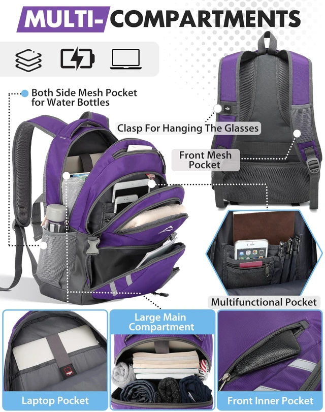 Alt view image 2 of 5 - ProEtrade Backpack Bookbag for College Laptop Travel, Fit Laptop Up to 15.6 inch with USB Charging Port Multi Compartment Anti theft, Gift for Women Men (Purple)