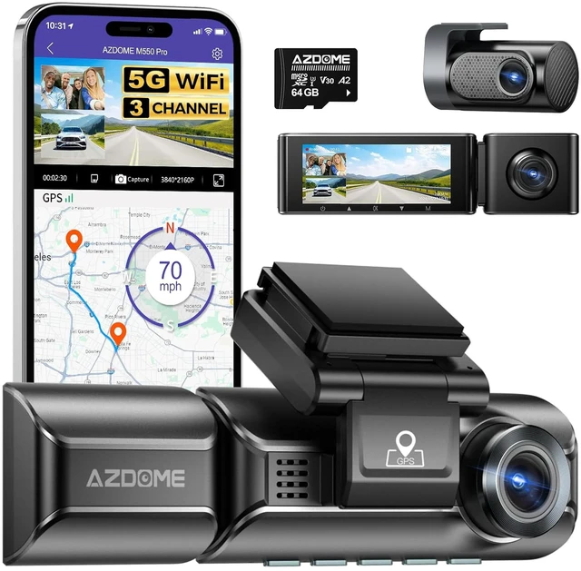 Main image of AZDOME M550 Pro 3CH Dash Cam 4K - 5G WiFi, 3.19" Screen IR Night Vision - 24H Parking Mode - 3-Channel Dash Cam - Wide-Angle Coverage - Collision Detection - Built-in GPS - Adjustable Camera Lens
