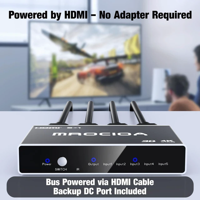 Alt view image 5 of 5 - Mrocioa HDMI 2.0 Switch 5 in 1 Out with Remote, 4K@60Hz Splitter Switcher, HDCP 2.3, ALLM/VRR, Dolby Vision/HDR10+/Atmos, Aluminum+Acrylic, for PS5/4, Xbox, Apple TV, Fire TV