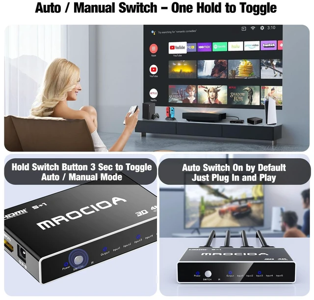 Alt view image 4 of 5 - Mrocioa HDMI 2.0 Switch 5 in 1 Out with Remote, 4K@60Hz Splitter Switcher, HDCP 2.3, ALLM/VRR, Dolby Vision/HDR10+/Atmos, Aluminum+Acrylic, for PS5/4, Xbox, Apple TV, Fire TV
