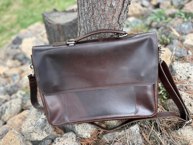 Alt view image 3 of 5 - Full Grain Leather Messenger Bag Laptop Bag Vintage Briefcase Bag For Office College with Adjustable Shoulder Strap Handcrafted with Multiple Compartments Fits 15.6 Inch Laptop