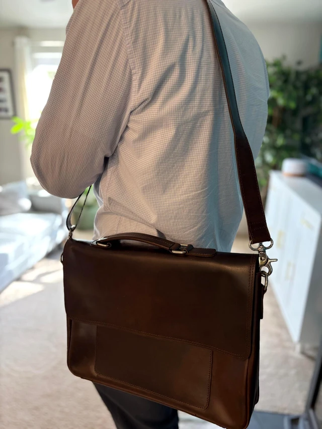 Alt view image 2 of 5 - Full Grain Leather Messenger Bag Laptop Bag Vintage Briefcase Bag For Office College with Adjustable Shoulder Strap Handcrafted with Multiple Compartments Fits 15.6 Inch Laptop