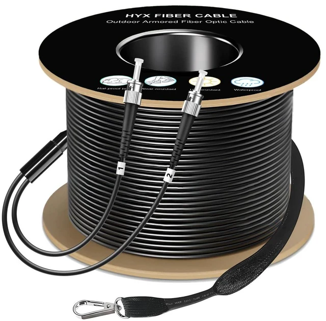 Main image of HYX FIBER CABLE-ST to ST Single Mode Fiber Patch Cable,330ft/100m,ST-ST Outdoor Armored Fiber Optic Cable,Duplex Industrial TPU,Direct Burial 9/125um Optical Jumper with Pulling Eye Kit,OD-5mm,Black