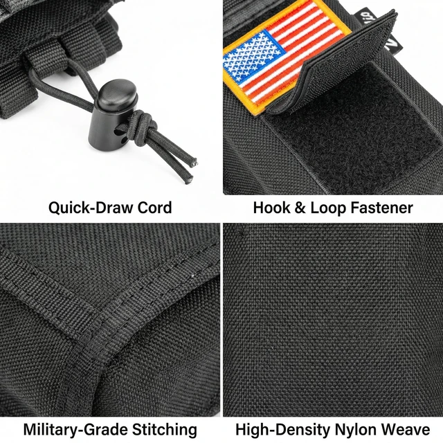 Alt view image 5 of 5 - Zeadio Tactical Radio Holster, MOLLE Radio Pouch with Adjustable Drawstring & Flag Patch, Durable Nylon Walkie Talkie Holder, Two Way Radio Case for Hunting Hiking Camping Police Security (Pack of 6)