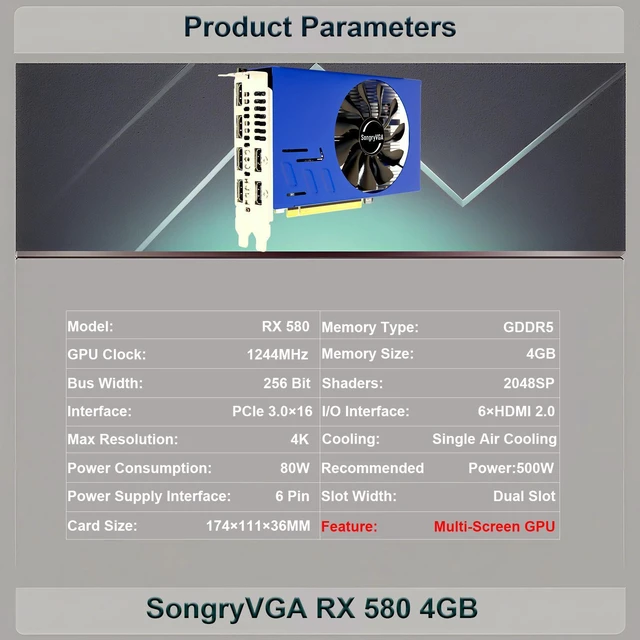Alt view image 2 of 7 - SongryVGA RX 580 4GB 6 HDMI Graphics Card GDDR5 256-bit PCIe 3.0 x16 4K Display Stock Trading Video Wall Multi Screen Desktop PC