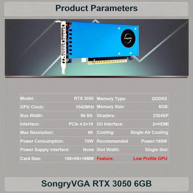 Alt view image 3 of 6 - SongryVGA RTX 3050 6GB Low Profile Graphics Card,GDDR6 92-bit PCIe 4.0 x16 HDMIx2 Outputs Compatible with SFF/Thin ITX/HTPC PC