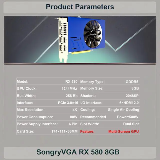 Alt view image 2 of 6 - SongryVGA RX 580 8GB Multi Monitor Graphics Card PCIe 3.0 x16 Interface 6 HDMI GDDR5 Outputs for 6 Monitors 4K Display, Compact Design for Trading and Video Wall Applications