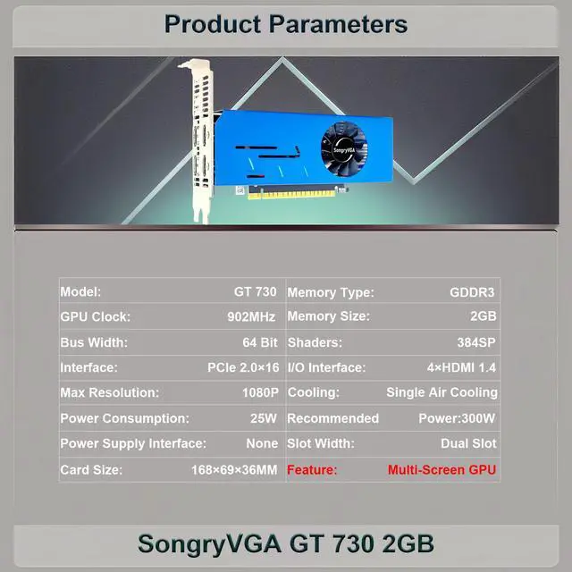 Alt view image 2 of 7 - SongryVGA GT 730 2GB Multi Monitors Graphics Card,4 HDMI GDDR3 64-bit,Dual Slot,for Stock Trading,Surveillance,and Projection