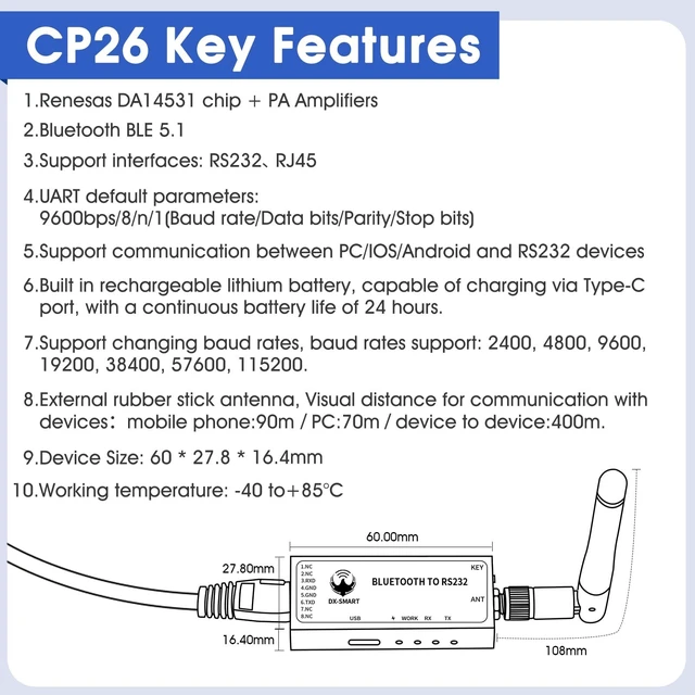 Alt view image 3 of 5 - PDDAXLQUE DX-CP26 RS232 to Bluetooth Wireless Serial Adaper Converter Support iOS Android Windows Support DB9 RJ45 Interface Built-in Rechargeable Lithium Battery (CP26 for Phone)