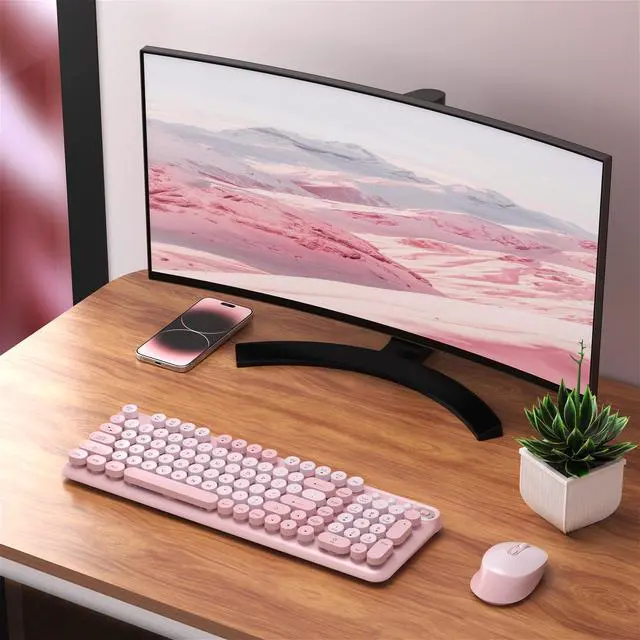 Alt view image 2 of 5 - Links9+ Wireless Keyboard and Mouse Combo, Full-Size Retro Typewriter Keyboard Style, 2.4GHz USB Receiver, Plug-and-Play, Keyboard Mouse Set for Computer, Laptop, Windows, Mac, and PC (Pink)