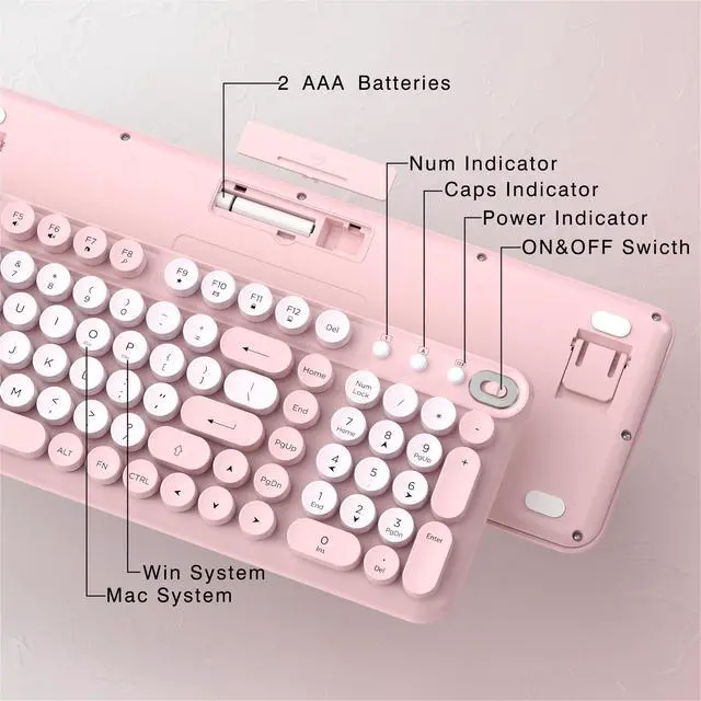 Alt view image 3 of 5 - Links9+ Wireless Keyboard and Mouse Combo, Full-Size Retro Typewriter Keyboard Style, 2.4GHz USB Receiver, Plug-and-Play, Keyboard Mouse Set for Computer, Laptop, Windows, Mac, and PC (Pink)