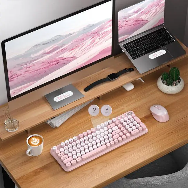 Alt view image 4 of 5 - Links9+ Wireless Keyboard and Mouse Combo, Full-Size Retro Typewriter Keyboard Style, 2.4GHz USB Receiver, Plug-and-Play, Keyboard Mouse Set for Computer, Laptop, Windows, Mac, and PC (Pink)