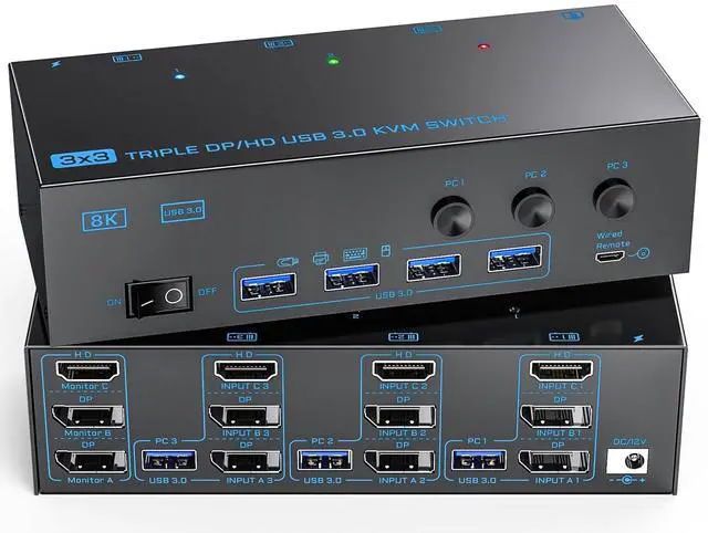 Main image of KVM Switch 3 Monitors 3 Computers, ANXQQ 8K@60Hz 4K@144Hz Triple Monitor KVM, HDMI + Displayport KVM Switch with 4 USB 3.0 Ports, 3 Monitor KVM with Power Adapter and Wired Remote
