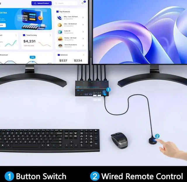 Alt view image 5 of 5 - KVM Switch 3 Monitors 3 Computers, ANXQQ 8K@60Hz 4K@144Hz Triple Monitor KVM, HDMI + Displayport KVM Switch with 4 USB 3.0 Ports, 3 Monitor KVM with Power Adapter and Wired Remote
