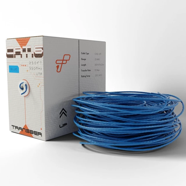 Main image of Transber, CAT6 250ft Ethernet Cable Solid UTP Up to 10Gbps 550Mhz 23AWG 4x2 Pair Bulk Cable Network PoE++/4PPoE LAN Wire 500-feet Easy Pull Box (Blue)