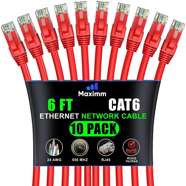 Main image of Maximm Cat6 Ethernet Cable 6 Ft, 10 Gbps 550 MHz, Red, 10 Pack