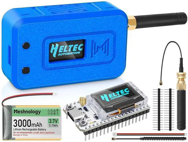 Main image of Meshnology 1 Set ESP32 LoRa V3 Module Board with 915 MHz Antenna + 3000mAh Battery + Protect Case - with WiFi Blue tooth SX1262 CP2102 0.96 OLED Display Type C for Ar duino Meshtastic IOT (N35, Blue)