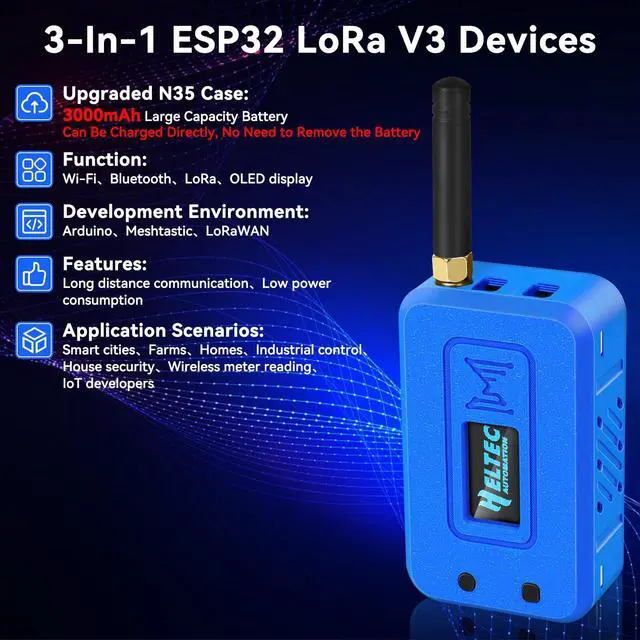 Alt view image 2 of 5 - Meshnology 1 Set ESP32 LoRa V3 Module Board with 915 MHz Antenna + 3000mAh Battery + Protect Case - with WiFi Blue tooth SX1262 CP2102 0.96 OLED Display Type C for Ar duino Meshtastic IOT (N35, Blue)