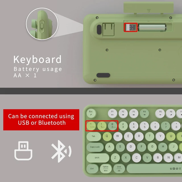 Alt view image 5 of 5 - UBOTIE Colorful Wireless Bluetooth Keyboard, Dual Mode (Green Colorful)