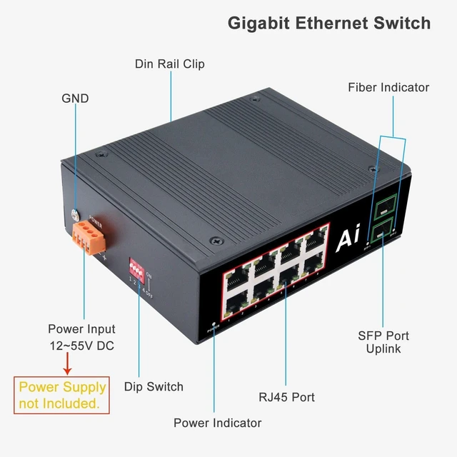 Alt view image 2 of 5 - Industrial Gigabit Ethernet Switch 8 RJ45 + 2 SFP Din Rail Network Switch