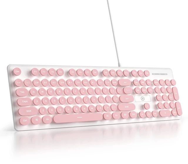 Main image of Mosptnspg Wired Typewriter Game Retro Keyboard, LED White Backlight, Pink