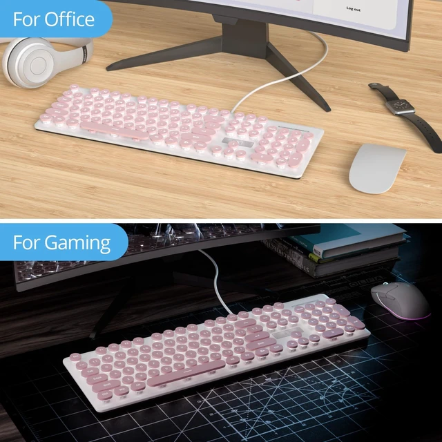 Alt view image 2 of 5 - Mosptnspg Wired Typewriter Game Retro Keyboard, LED White Backlight, Pink