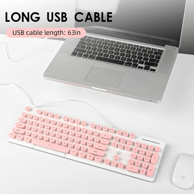 Alt view image 3 of 5 - Mosptnspg Wired Typewriter Game Retro Keyboard, LED White Backlight, Pink