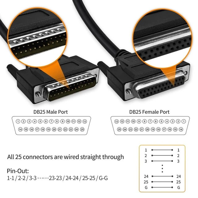 Alt view image 2 of 5 - XANHAM DB25 25 Pin 16 Feet(5 Meter) Two Row Straight Through Serial Cable, Double Shielded(Metal Braiding&AL-foil), Female to Male, Black, SC920S10FM