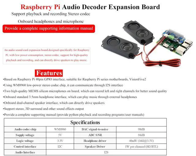 Alt view image 3 of 5 - WM8960 Audio HAT Compatible with Raspberry Pi 5/4B/3B+/3B/Pi Zero/Zero W/Pi Zero 2W/Zero 2WH/Pico W/Pico 2W, WM8960 Hi-Fi Sound Card HAT, Stereo CODEC, Hi-Fi Play/Record, Come with 8 5W Speaker